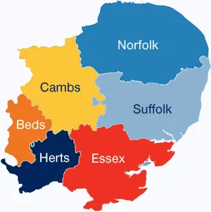 Map of Norfolk, Suffolk and the East of England